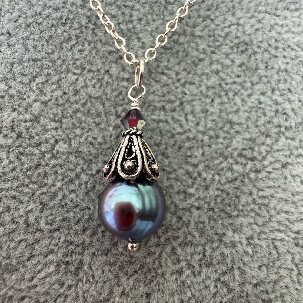 Pearl 925 Silver Sterling Chain Necklace with Gray Pearl pendant NEW